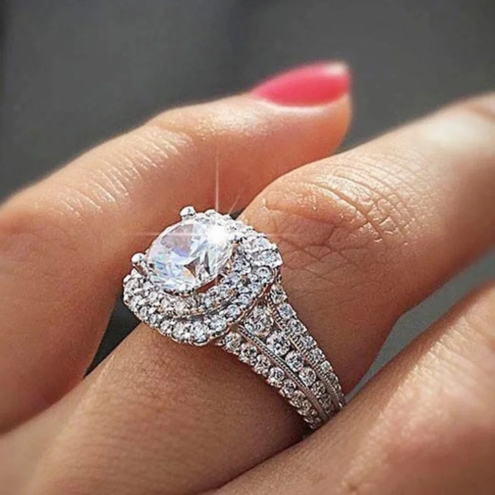 Luxury Silver Square Diamond Cubic Zircon Ring - Picture 1 of 14
